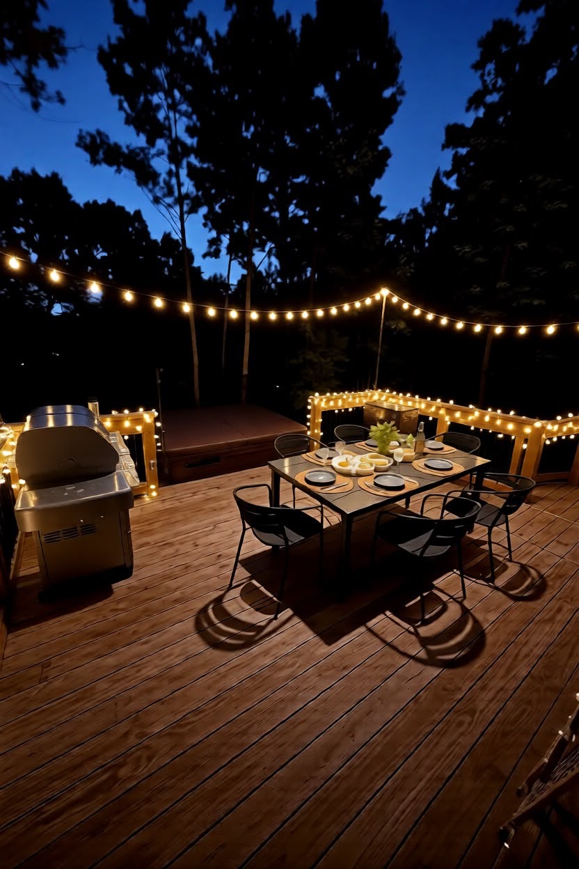 Rear deck at night with string lights and dining set